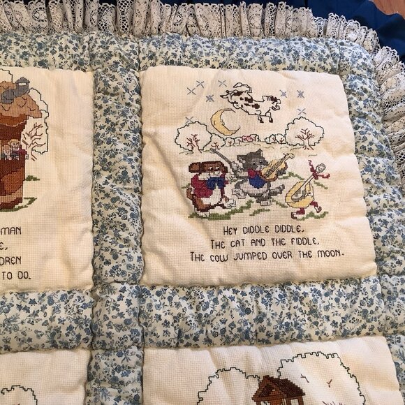 Handmade Childrens Blanket Quilt With Cross Stitch Nursery Rhymes Kitschy 45”x32 - Picture 3 of 14